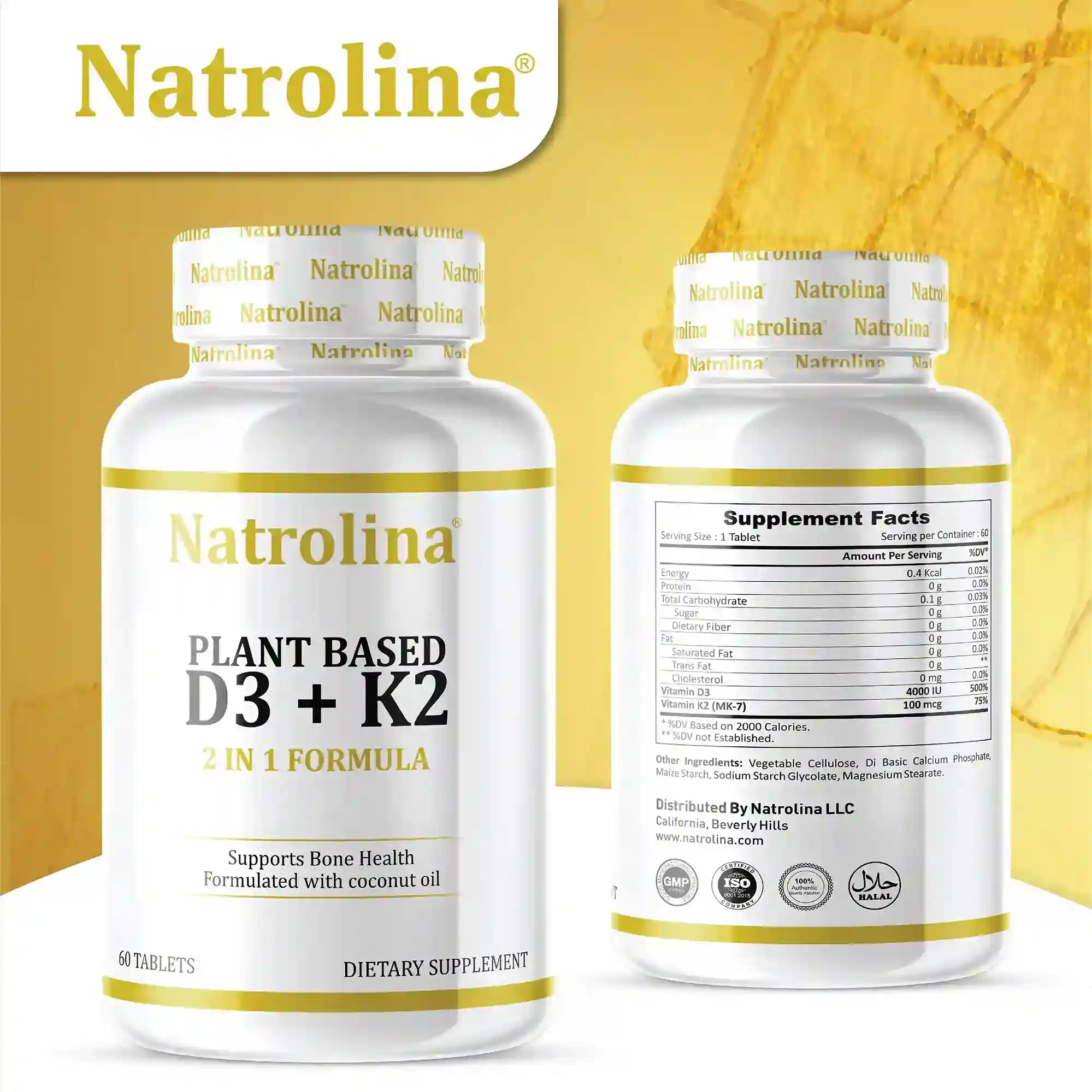 Natrolina Plant Based D3+K2 - 60 Tablets Two Bottles