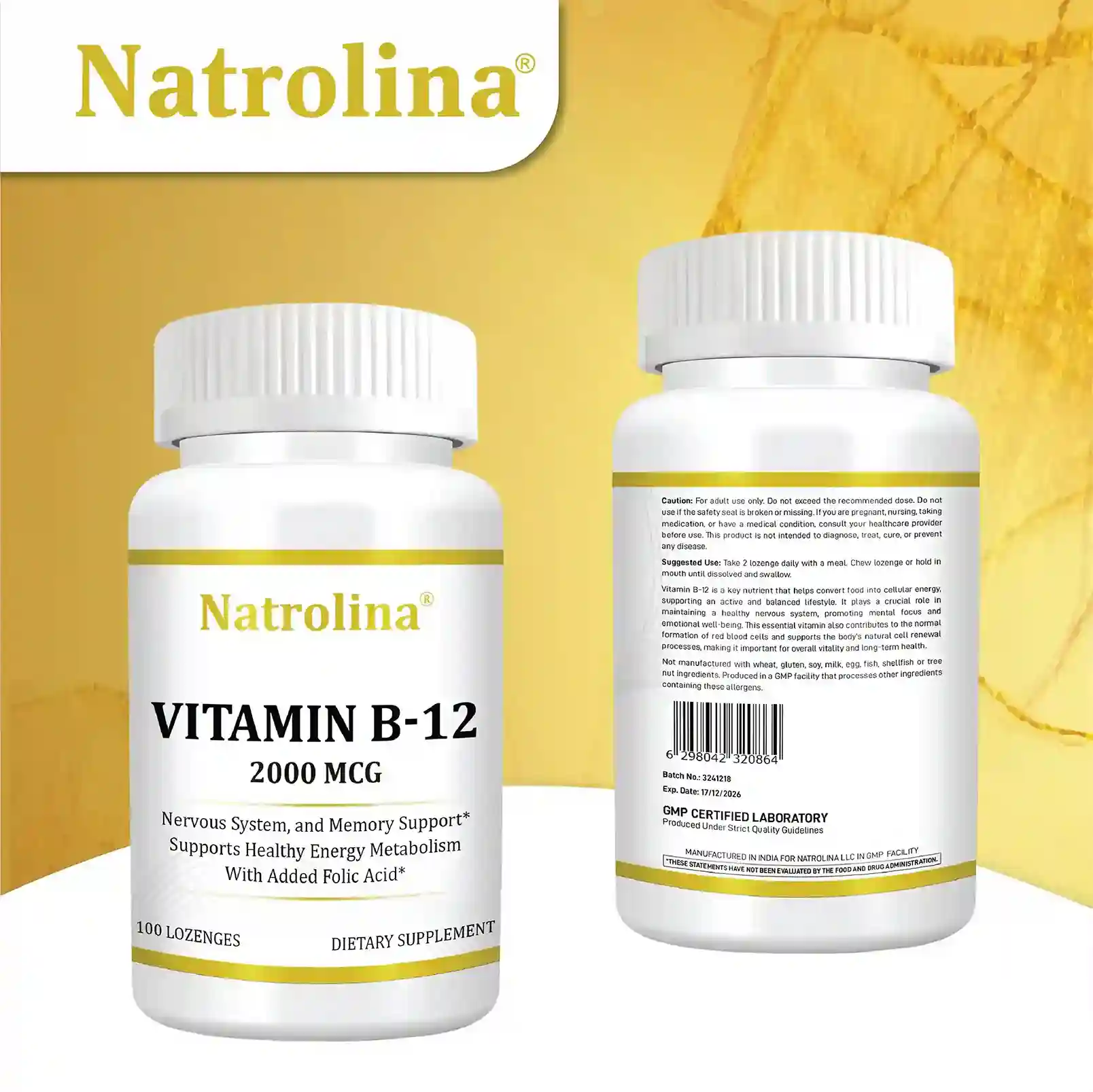 Natrolina Vitamin B12 2000 MCG - 100 lozenges Two Bottles